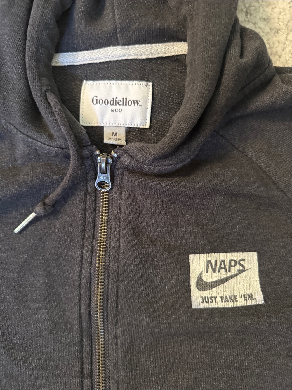 Goodfellow & Co Charcoal Zip Hoodie with 'NAPS' Patch